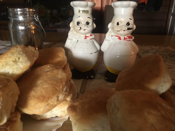 White biscuits alongside some salt and pepper shakers found at an antique store.